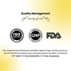 Quality management certification logos including ISO, GMP, and FDA on a gradient background.