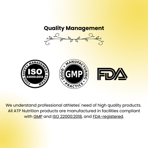 Quality management certification logos including ISO, GMP, and FDA on a gradient background.